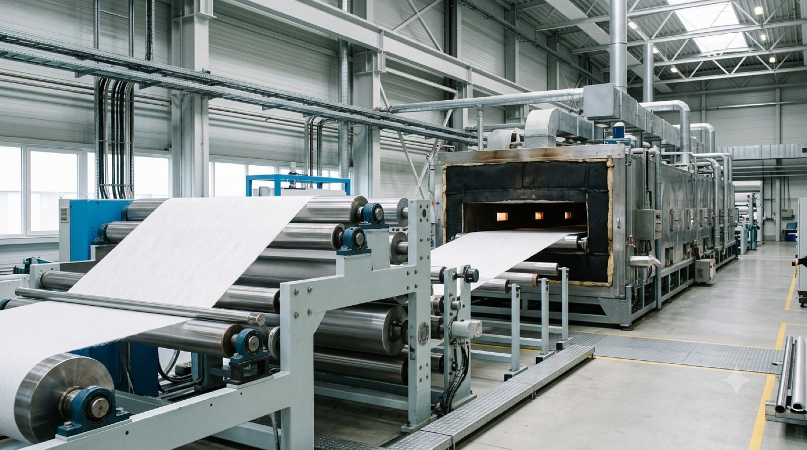 Nonwoven line with web moving into oven