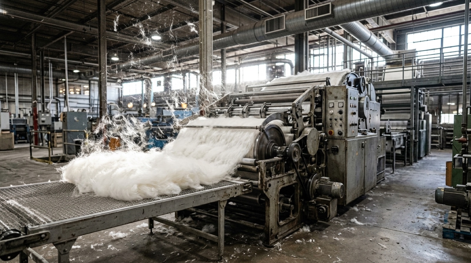 Carding machine producing white fiber web