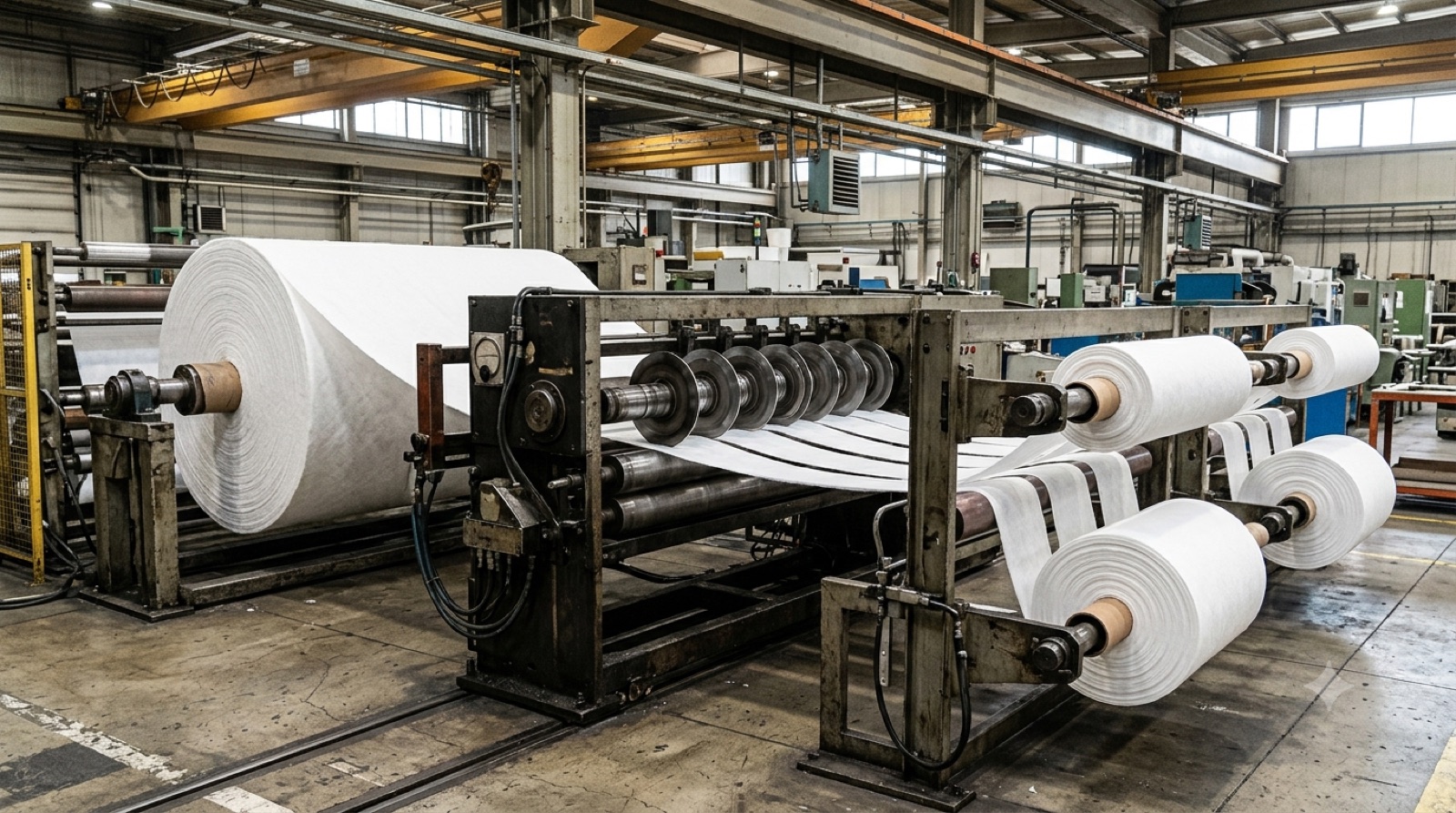 Slitting machine cutting filter media rolls
