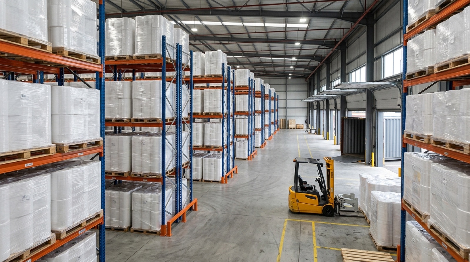 Warehouse racks of wrapped filter media rolls