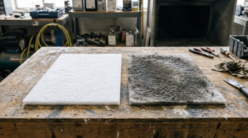 Clean white and dust-loaded grey filter pads side by side