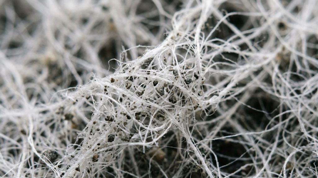 Close-up of synthetic filter fibers with trapped dust