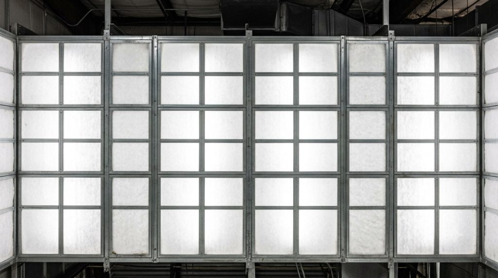 Spray booth ceiling filter grid viewed from below